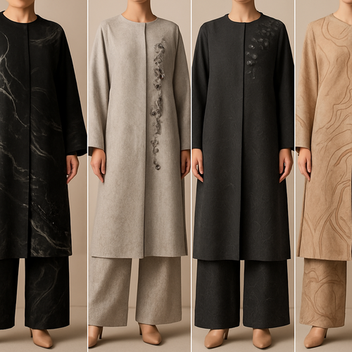 Create a modest abaya and loose pant, first of its kind, featuring a unique stone design that exudes a classy and sophisticated vibe. I'd like four designs, each showcasing different styles and fabrics. Incorporate high-end, unique chic stone designs to make them truly special. Add little sophisticated stone designs. Make it irresistible with designs that stands out.