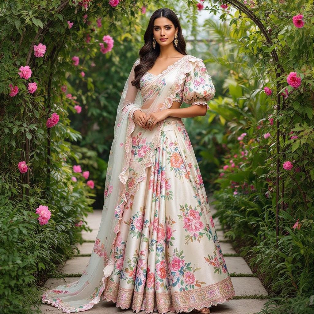 A floral printed satin half saree with pastel tones, scallop border dupatta, and puff-sleeve blouse for a romantic garden vibe
A floral-printed satin half saree with pastel tones, a scallop-border organza dupatta, and a puff-sleeve blouse for a romantic garden vibe.