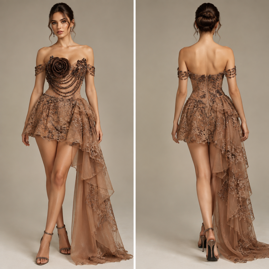 light brown short gown flowing one side down at the left side,croset made with dark brown material with beads designed from the breastplate with three line of breads for the belly and off shoulder beaded little arm
photorealistic fashion design, light brown short gown flowing one side down at the left side,croset made with dark brown material with beads designed from the breastplate with three line of breads for the belly and off shoulder beaded little arm
, lace style, just the design no text, show front and back