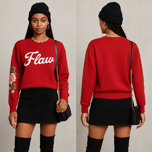 Red Sweater shirt with Flaw in cursive on it in white with pretty flowers on one sleeve short skirt thigh high boots gold chain corn rows black crossbody purse gold chain with skirt gold earrings and bracelet leg gold rings black beanie 