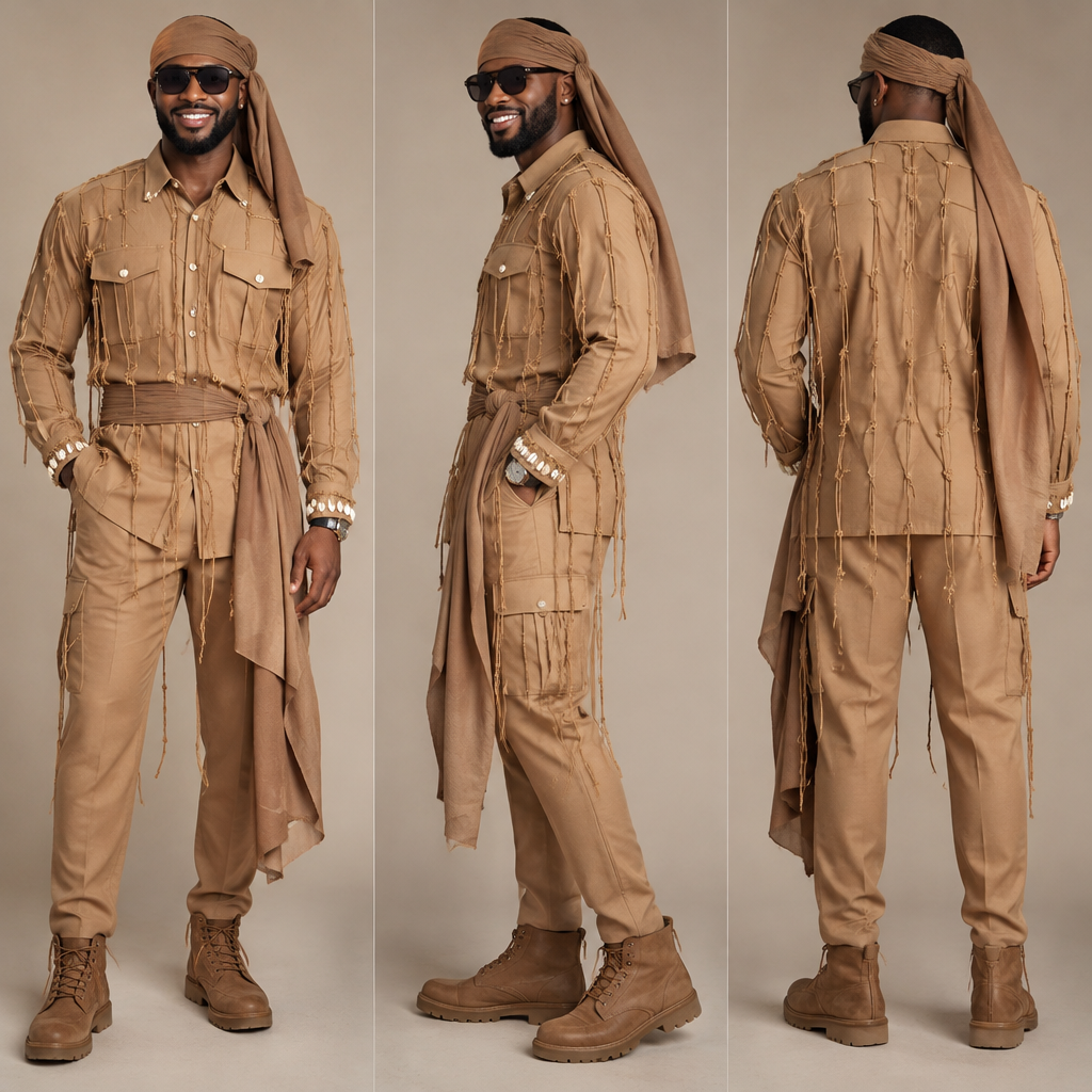A Male Dress design, suitable for Fall. vêtement africain , homme avec un foulard attaché sur la tête comme un bandeau qui tombe de côté et traverse son épaule,une ceinture Également attachée juste avant la chemise qui tombe également sur le côté gauche de sa hanche et arrivé presque aux genoux. lhabit doit avoir la couleur de ragia et avoir des poches des 2 côtés de la poitrine. il doit avoir des fins tissus en corde mince qui tombent sur toute la chemise, donnant un effet de grillage . l'homme doit porter des lunettes et une montre et être souriant . sur le manche du poignet de la cheminée il doit avoir des cories tout autour. il doit avoir porter une chaussure pieds nus homme montante jusqu'à la cheville Present it as professional fashion catalogue photography: the garment is the subject, shown full-length with editorial styling, neutral posing and tasteful, non-suggestive framing.
photorealistic fashion design, A Male Dress design, suitable for Fall. vêtement africain , homme avec un foulard attaché sur la tête comme un bandeau qui tombe de côté et traverse son épaule,une ceinture Également attachée juste avant la chemise qui tombe également sur le côté gauche de sa hanche et arrivé presque aux genoux. lhabit doit avoir la couleur de ragia et avoir des poches des 2 côtés de la poitrine. il doit avoir des fins tissus en corde mince qui tombent sur toute la chemise, donnant un effet de grillage . l'homme doit porter des lunettes et une montre et être souriant . sur le manche du poignet de la cheminée il doit avoir des cories tout autour. il doit avoir porter une chaussure pieds nus homme montante jusqu'à la cheville Present it as professional fashion catalogue photography: the garment is the subject, shown full-length with editorial styling, neutral posing and tasteful, non-suggestive framing., just the design no text