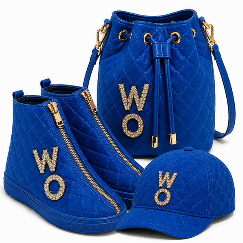 Same set hat , bag , sneakers with the diamonds letters of w and o in electric blue suede
edit the attached fashion design with these instructions: Same set hat , bag , sneakers with the diamonds letters of w and o in electric blue suede. keep it photorealistic, just the design no text