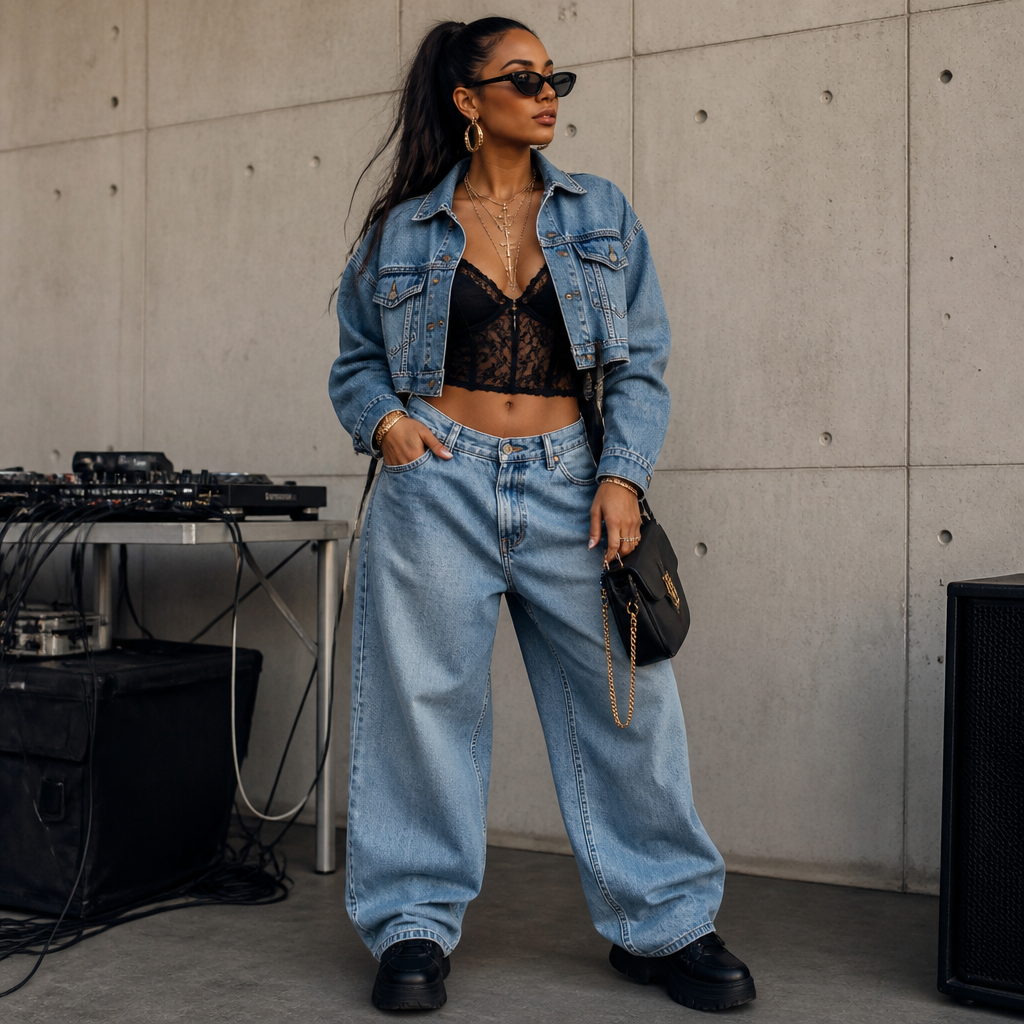 A Unisex Pants design, suitable for Summer, in Streetwear style. Create trendy women's streetwear inspired by the reference image. Oversized light-wash blue baggy jeans, cropped blue denim jacket, black lace camisole, layered gold cross necklaces, black shoulder bag with gold hardware, black sneakers, black cat-eye sunglasses, gold earrings, gold bracelets and rings. The outfit should have a stylish DJ and Y2K streetwear vibe with premium denim, realistic fabric texture, clean stitching, relaxed oversized fit, fashionable and high-end look. Color palette: blue denim, black and gold. Modern, edgy, aesthetic, perfect for a female DJ and fashion content creator.. South Africa fashion aesthetics.
photorealistic fashion design, A Unisex Pants design, suitable for Summer, in Streetwear style. Create trendy women's streetwear inspired by the reference image. Oversized light-wash blue baggy jeans, cropped blue denim jacket, black lace camisole, layered gold cross necklaces, black shoulder bag with gold hardware, black sneakers, black cat-eye sunglasses, gold earrings, gold bracelets and rings. The outfit should have a stylish DJ and Y2K streetwear vibe with premium denim, realistic fabric texture, clean stitching, relaxed oversized fit, fashionable and high-end look. Color palette: blue denim, black and gold. Modern, edgy, aesthetic, perfect for a female DJ and fashion content creator.. South Africa fashion aesthetics., streetwear style, just the design no text