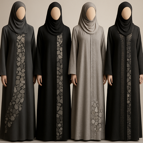 Create a modest abaya that's the first of its kind, featuring a unique stone design that exudes a classy and sophisticated vibe. I'd like four designs, each showcasing different styles and fabrics.
Incorporate high-end, unique chic stone designs to make them truly special. Add a little sophisticated stone work to it.