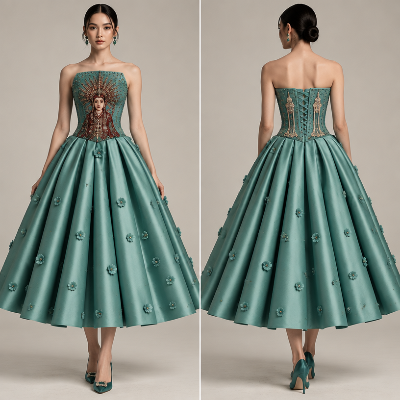 Payetan nya hanya di korset bagian dada yang datar saja. Monas dan ondel2 jangan di hilangkan. Panjang rok 70cm dan bunga kecil 3D nya jangan terlalu besar. Untuk bentuk korset sudah bagus jangan di ganti.
edit the attached fashion design with these instructions: Payetan nya hanya di korset bagian dada yang datar saja. Monas dan ondel2 jangan di hilangkan. Panjang rok 70cm dan bunga kecil 3D nya jangan terlalu besar. Untuk bentuk korset sudah bagus jangan di ganti.. keep it photorealistic, just the design no text