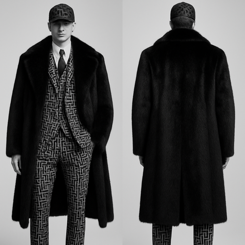 Men’s high fashion, sportswear, three-piece suit and overcoat, black and white Fendi Avangard with black mink fur