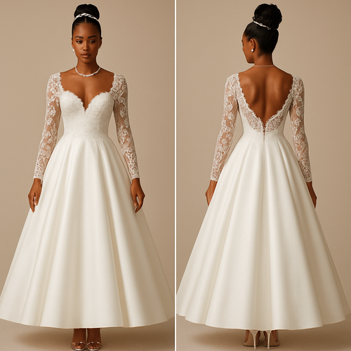 Black woman
Think woman 
Updo with pearls 
Wedding dress
Lace chest melted 
Diamond necklace and diamond bracelet 
Ballroom style dress with flare out 
Breast cut 
Lifted up chest
Lace sleeves with clear designs 
Clear heels