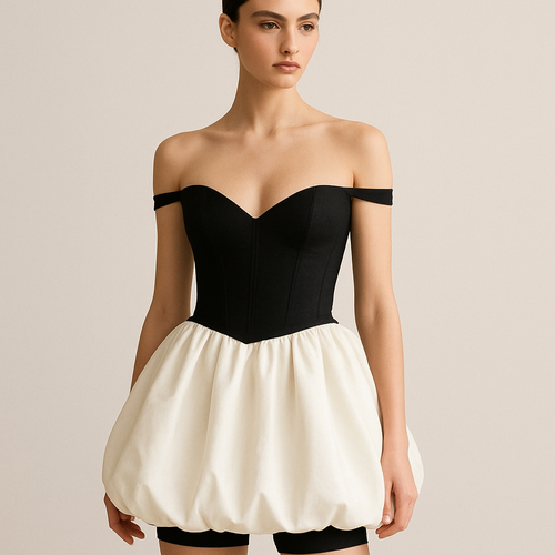 Mini dress with corset top Bardot thin straps sitting below shoulders
Skirt part to be puffball
Corset longer and straight across at end
Corset longer so less skirt showing
Remove top straps and make Bardot straps thinner
V neck in corset
Make corset black and skirt off white
Snow on model
Remove snow
Shorter skirt
Make skirt shorter black and more puffy
