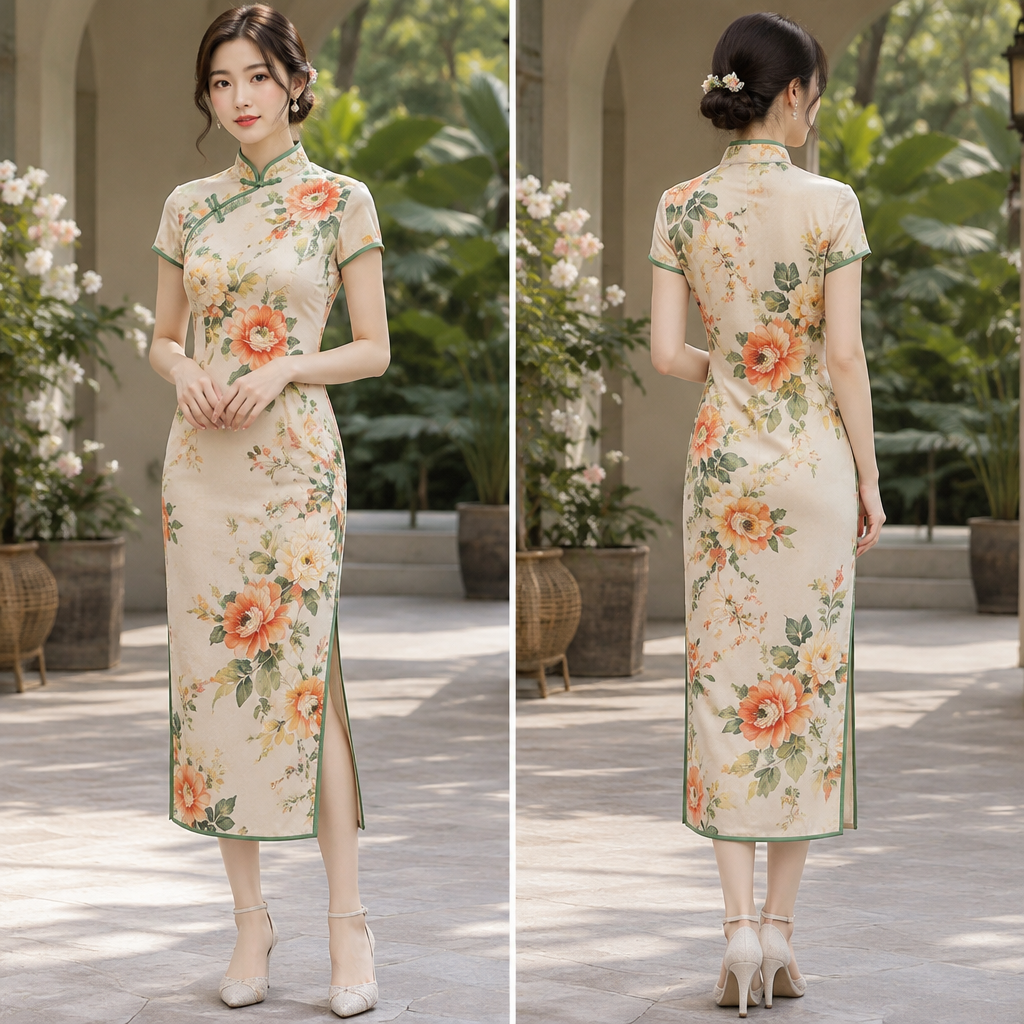 A Female Qipao design, made of Cotton, with a sleek, smooth finish, with a Tailored silhouette, in a Bold & Bright color palette, for Casual, suitable for Spring, suited to a Tropical climate, in Formal + Elegant + Cottagecore style, shown on a model with fair skin and a petite figure. PS fashion aesthetics. Present it as professional fashion catalogue photography: the garment is the subject, shown full-length with editorial styling, neutral posing and tasteful, non-suggestive framing.
photorealistic fashion design, A Female Qipao design, made of Cotton, with a sleek, smooth finish, with a Tailored silhouette, in a Bold & Bright color palette, for Casual, suitable for Spring, suited to a Tropical climate, in Formal + Elegant + Cottagecore style, shown on a model with fair skin and a petite figure. PS fashion aesthetics. Present it as professional fashion catalogue photography: the garment is the subject, shown full-length with editorial styling, neutral posing and tasteful, non-suggestive framing., formal style, just the design no text, show front and back