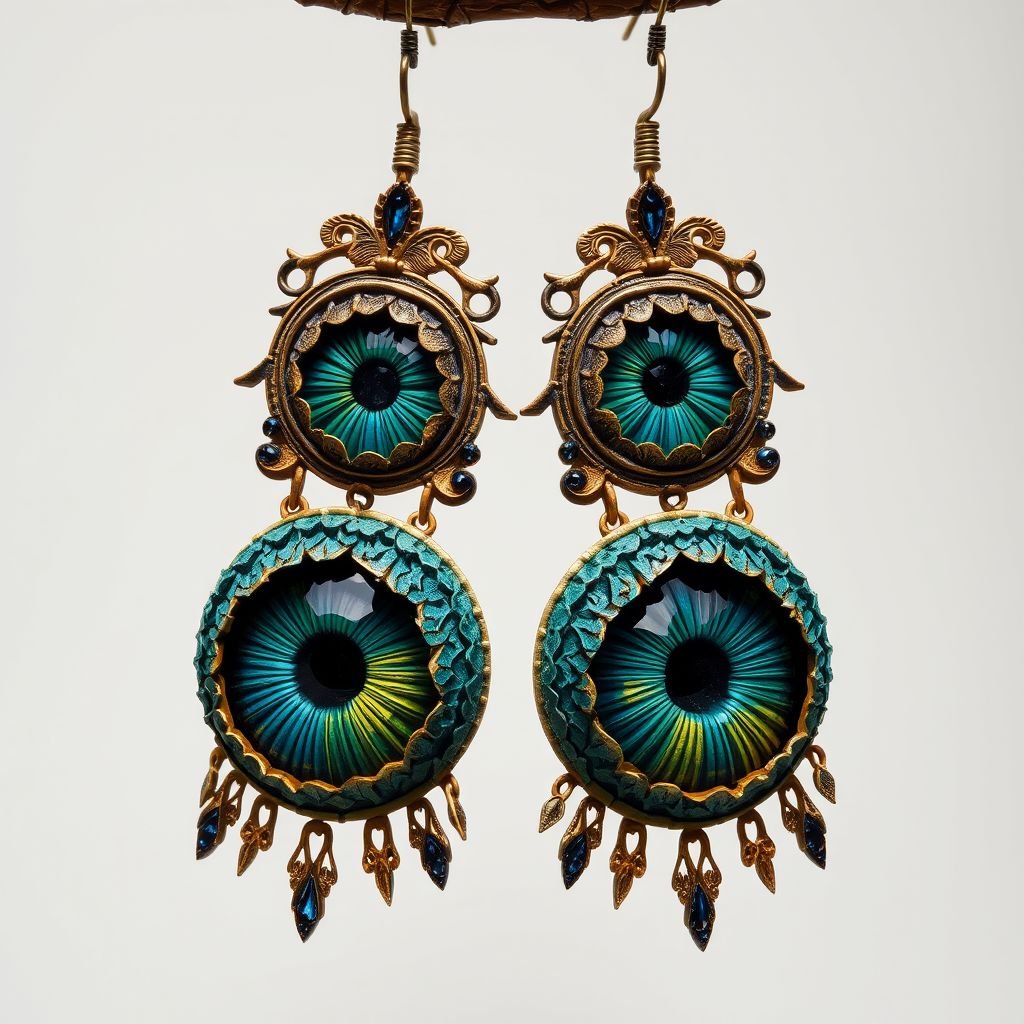 Papier-mâché jewelry design inspired by eye
Intricate textured earrings resembling oversized, whimsical eyes, vibrant colors swirling in depths of blue, green, and gold. Pendant necklaces shaped like surreal, dreamlike irises, adorned with delicate fringe. Earthy, organic paper-mâché material flowing elegantly, lightweight yet striking. Bohemian-chic aesthetic blended with playful surrealism, ideal for artful expression and standout statements.