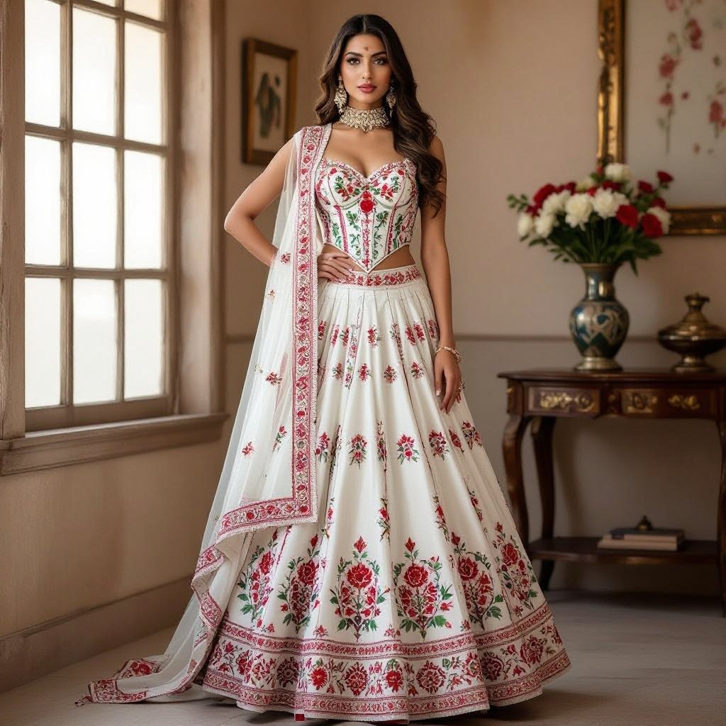 Hey I want you to create a white corset on top with red Danna work flowers and white and in bottom I want you to create a mermaid style white lahenga skirt with a choker dupatta with Davis work on it in red and cream color
White corset with red floral Danna work, fitted. Mermaid-style white lehenga skirt. Choker dupatta with red and cream Danna work.