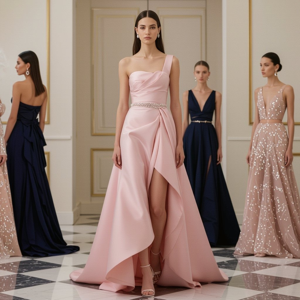 Robe Asymétrique Beldo-Chic • Silhouette: A contemporary asymmetrical dress (\text{asymétrique}) where one side is long and the other is short (\text{Robe d’un côté longue والآخر قصير}). • Fabric & Color: Soft, flowing powder pink (\text{rose poudré}) satin. • Beldi Touch: The key detail is T9achir (hand-beading/perlage), which is inspired by the intricate work on a traditional \text{Takchita}. This beading is applied to a thin, delicate belt (\text{حزام رقيق}) that cinches the waist.
Powder pink satin asymmetrical dress with one side long and the other short, featuring a delicate, thin belt with T9achir hand-beading.