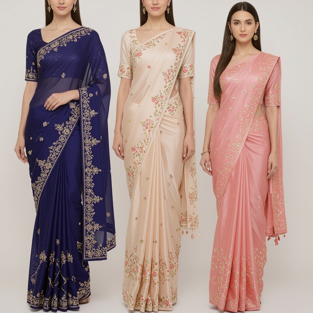Saree
Silk chiffon saree, draped, with embroidered borders and a matching blouse, perfect for an elegant evening.