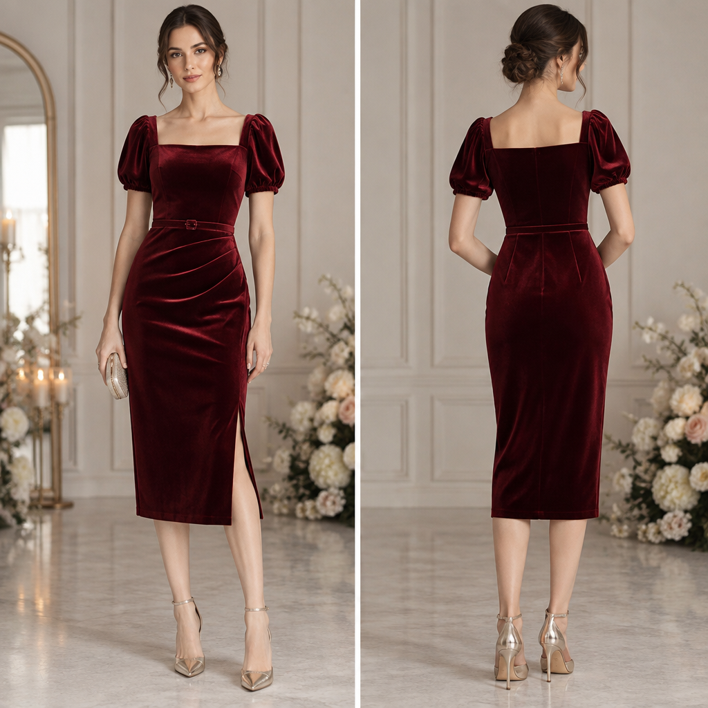A Female Dress design, made of Velvet, with a light, flowing drape, with a Bodycon silhouette, in a Jewel Tones color palette, for Wedding, suitable for Spring, suited to a Temperate climate, in Elegant style, shown on a model with fair skin and a slim figure. Цвет: бордовый
Длина: миди
Разрез: небольшой сбоку
Рукава: короткие, объёмные
Ткань: бархат
Верх: квадратный вырез
Фасон: слегка приталенный
Деталь: тонкий пояс на талии Present it as professional fashion catalogue photography: the garment is the subject, shown full-length with editorial styling, neutral posing and tasteful, non-suggestive framing.
photorealistic fashion design, A Female Dress design, made of Velvet, with a light, flowing drape, with a Bodycon silhouette, in a Jewel Tones color palette, for Wedding, suitable for Spring, suited to a Temperate climate, in Elegant style, shown on a model with fair skin and a slim figure. Цвет: бордовый
Длина: миди
Разрез: небольшой сбоку
Рукава: короткие, объёмные
Ткань: бархат
Верх: квадратный вырез
Фасон: слегка приталенный
Деталь: тонкий пояс на талии Present it as professional fashion catalogue photography: the garment is the subject, shown full-length with editorial styling, neutral posing and tasteful, non-suggestive framing., elegant style, just the design no text, show front and back