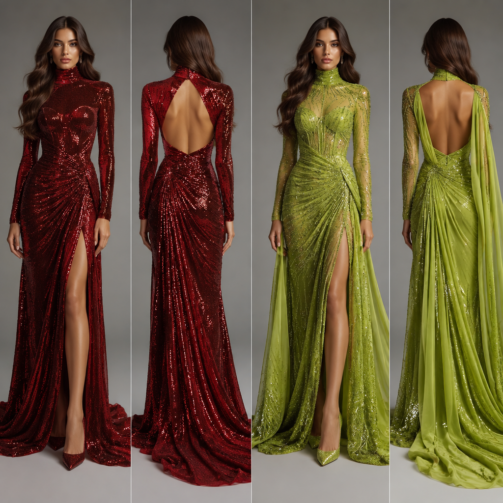 photorealistic fashion design, photorealistic fashion design, photorealistic fashion design, платье блестящее с длинным рукавом с длинным воротником стоящим блестящая цвет другой маленькая грудь туфли блестящие с блёстками волосы длинные. GE fashion aesthetics. Present it as professional fashion catalogue photography: the garment is the subject, shown full-length with editorial styling, neutral posing and tasteful, non-suggestive framing., just the design no text, show front and back. Refinement: длинное платье стильное, just the design no text. Refinement: цвет меняется стиль меняется под рубиновый, just the design no text. Refinement: цвет поменяйте стиль поменяй под салатовый
photorealistic fashion design, photorealistic fashion design, photorealistic fashion design, photorealistic fashion design, платье блестящее с длинным рукавом с длинным воротником стоящим блестящая цвет другой маленькая грудь туфли блестящие с блёстками волосы длинные. GE fashion aesthetics. Present it as professional fashion catalogue photography: the garment is the subject, shown full-length with editorial styling, neutral posing and tasteful, non-suggestive framing., just the design no text, show front and back. Refinement: длинное платье стильное, just the design no text. Refinement: цвет меняется стиль меняется под рубиновый, just the design no text. Refinement: цвет поменяйте стиль поменяй под салатовый, just the design no text