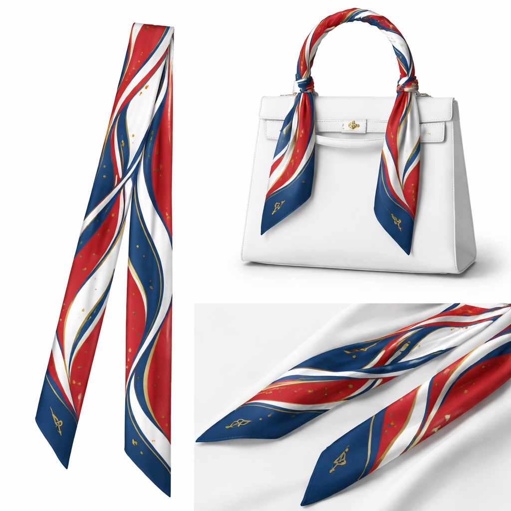Design a 5cm x 86cm silk twilly scarf inspired by Kansas City, Missouri as a FIFA World Cup 2026 host city. Elegant, minimalist French-luxury aesthetic (Jolie Franc style). Color palette: Kansas City Red (#C8102E), Kansas City Blue (#0B365F), Clean White (#FFFFFF), with optional Soft Gold (#D4A017) highlights.
Pattern: linear motifs, geometric shapes, or subtle waves running lengthwise for a handbag wrap. Include a discreet monogram or initials subtly integrated near the ends. The design should be seamless, luxurious, photorealistic silk texture with natural drape, and visually striking both flat and wrapped. High-detail, high-resolution, suitable for silk printing. More simple no logos or words
Design a 5cm x 86cm silk twilly scarf inspired by Kansas City, Missouri as a FIFA World Cup 2026 host city. Elegant, minimalist French-luxury aesthetic (Jolie Franc style). Color palette: Kansas City Red (#C8102E), Kansas City Blue (#0B365F), Clean White (#FFFFFF), with optional Soft Gold (#D4A017) highlights.
Pattern: linear motifs, geometric shapes, or subtle waves running lengthwise for a handbag wrap. Include a discreet monogram or initials subtly integrated near the ends. The design should be seamless, luxurious, photorealistic silk texture with natural drape, and visually striking both flat and wrapped. High-detail, high-resolution, suitable for silk printing. More simple no logos or words, show front and back