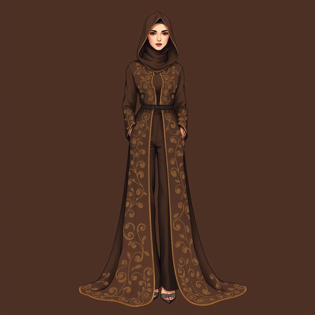 Brown with gold abaya with trousers
Design a luxurious brown abaya cascading elegantly to the floor, adorned with intricate gold embroidery that mimics swirling vines. Pair it with tailored, high-waisted trousers in a rich chocolate hue. The abaya features a contemporary open front and a dramatic hood, perfect for a modern, regal look that exudes sophistication.