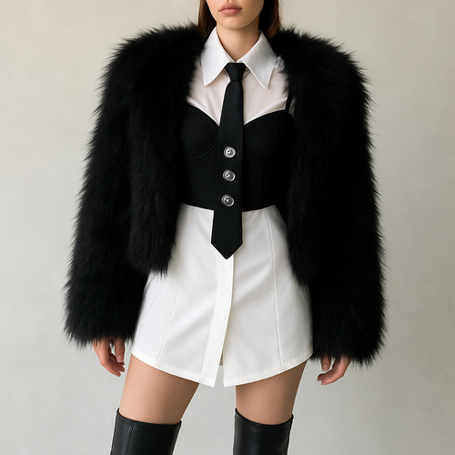 Can you do a white fitted shirt dress with a large collar, with a black slightly crop corset top with thin straps over it, and a black tie with knee high boots
Longer corset with cup details and the shirt dress slightly shorter coming down in a slight v shape at the front and three big jewels going down vertically on the tie
Remove lines on shirt and hide buttons
Shirt slightly shorter
Can you put a crop black furry faux jacket over it
Jacket more fluffy and boxy
Perfect just jacket more fluffy longer fluff hairs
Slight more v shape in front end of shirt
Can you put leather beret on head