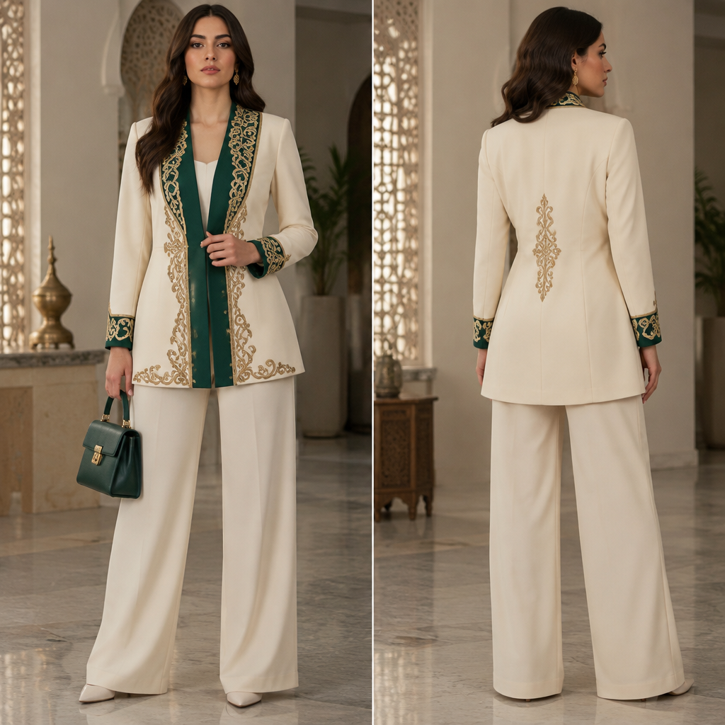in Business style. Algeria fashion aesthetics. Present it as professional fashion catalogue photography: the garment is the subject, shown full-length with editorial styling, neutral posing and tasteful, non-suggestive framing.
photorealistic fashion design, in Business style. Algeria fashion aesthetics. Present it as professional fashion catalogue photography: the garment is the subject, shown full-length with editorial styling, neutral posing and tasteful, non-suggestive framing., business style, just the design no text