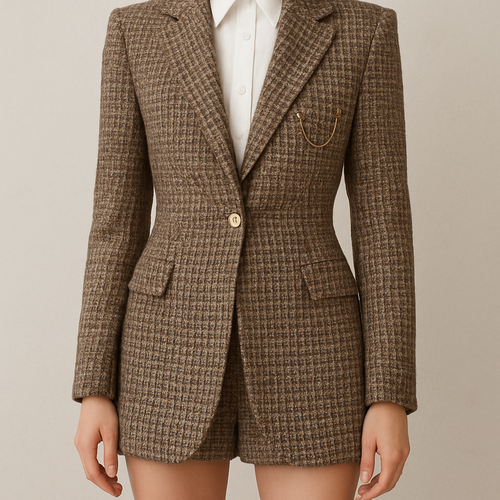 Tweed fitted blazer to mid thigh with white collared shirt underneath
One button lighter colour smaller check print collar fully buttoned up with no trousers bare legs
Slightly longer check boxes more abstract pocket on breast with chain pinned across it