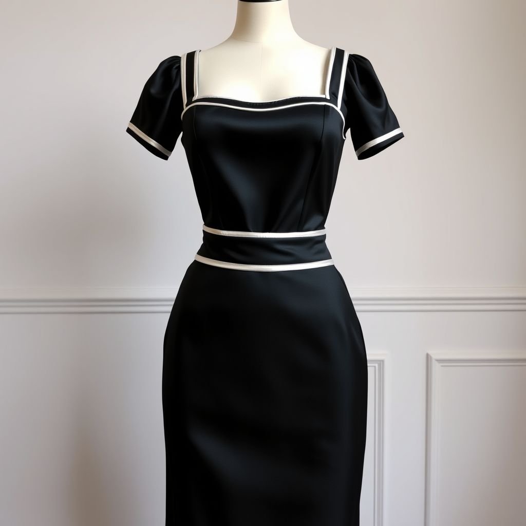 Design a black satin bodycon midi length dress (just over the knee) with a fitted silhouette. Add contrasting white details along the shoulder straps, thin straps and a corset like fit at the top with a more lose fit at the bottom, no slit. The neckline should be square.
Design a timeless black satin bodycon midi dress with an elegant fitted silhouette and classic charm. Feature contrasting white piping along delicate shoulder straps and a refined corset-style bodice, enhancing the hourglass shape. The skirt softly flares below the knee, offering graceful movement, while a sophisticated square neckline completes the exquisite ensemble.