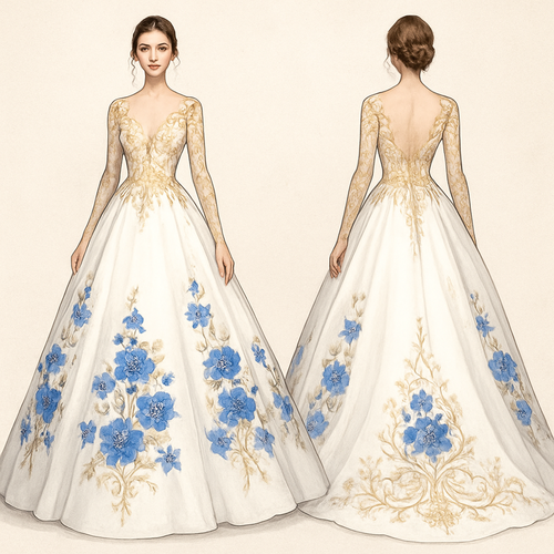 White and gold wedding dress with blue flowers 
  