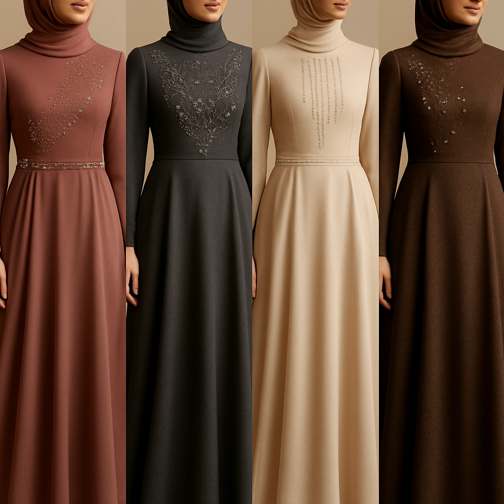 Create me modest dresses that's first in the world, using unique stone design, classy and sophisticated. Keep me 4 designs. Make them rich by adding minimal stone embroidery and stones designs. Showcasing different styles and fabric.
Create me modest dresses that's first in the world, using unique stone design, classy and sophisticated. Keep me 4 designs. Make them rich by adding minimal stone embroidery and stones designs. Showcasing different styles and fabric.