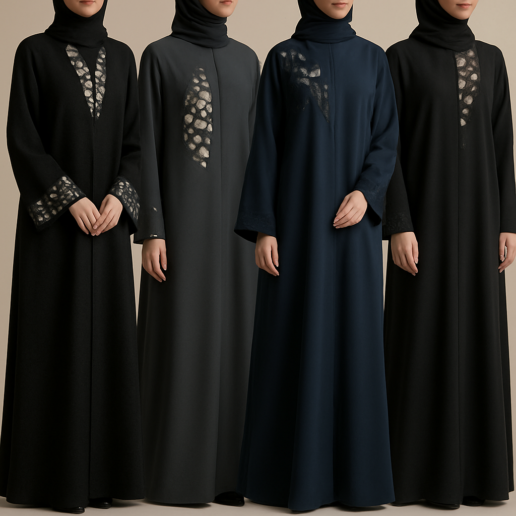 Create me modest abaya that's first in the world, using unique stone design, classy and sophisticated. Keep me 4 designs. Make them rich by adding minimal stone embroidery and stones designs. Showcasing different styles and fabric.
Create me modest abaya that's first in the world, using unique stone design, classy and sophisticated. Keep me 4 designs. Make them rich by adding minimal stone embroidery and stones designs. Showcasing different styles and fabric.