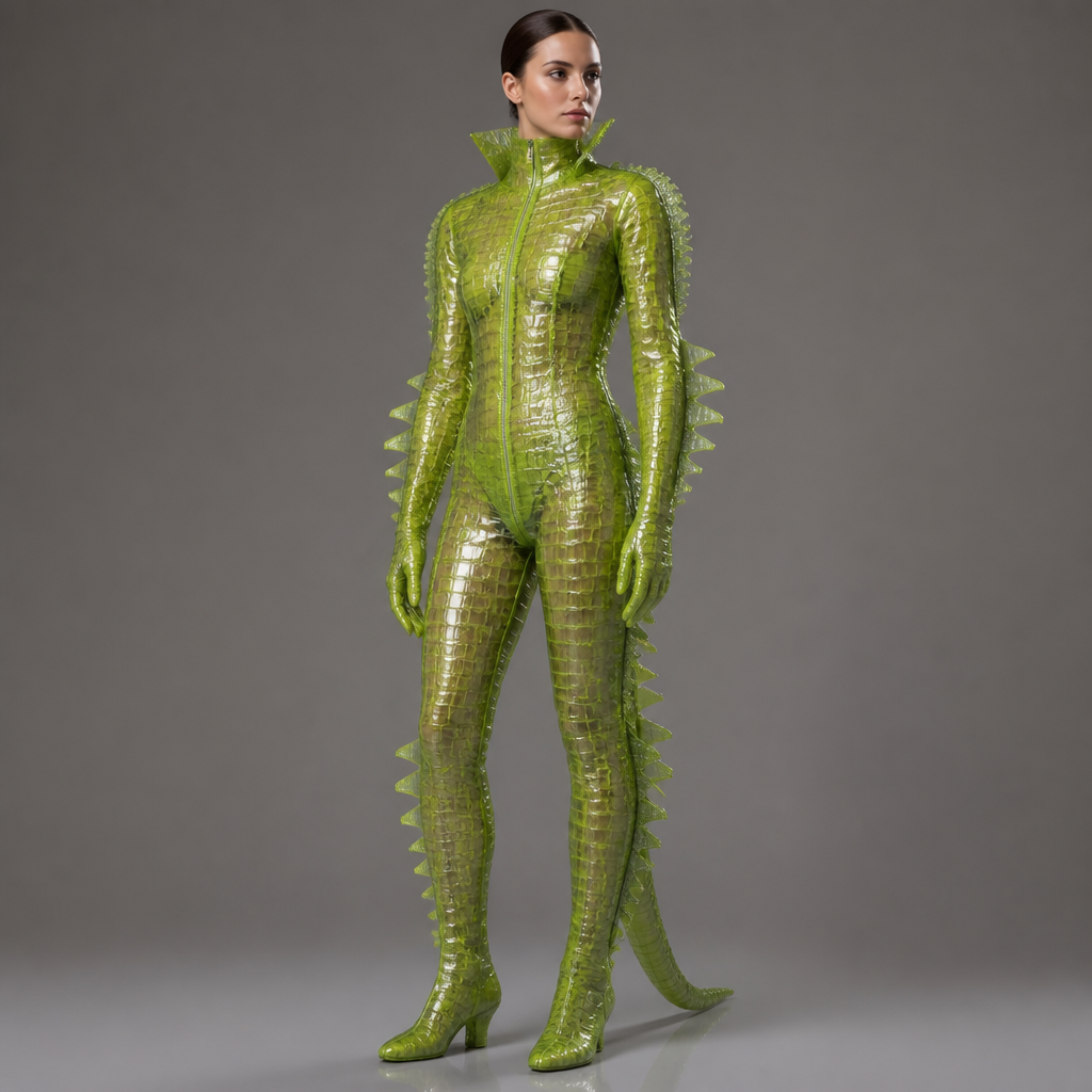 A Female Dress design, suitable for Fall. make a translucent lime green vinyl fullbody alligator fursuit made for river divers Present it as professional fashion catalogue photography: the garment is the subject, shown full-length with editorial styling, neutral posing and tasteful, non-suggestive framing.
photorealistic fashion design, A Female Dress design, suitable for Fall. make a translucent lime green vinyl fullbody alligator fursuit made for river divers Present it as professional fashion catalogue photography: the garment is the subject, shown full-length with editorial styling, neutral posing and tasteful, non-suggestive framing., just the design no text