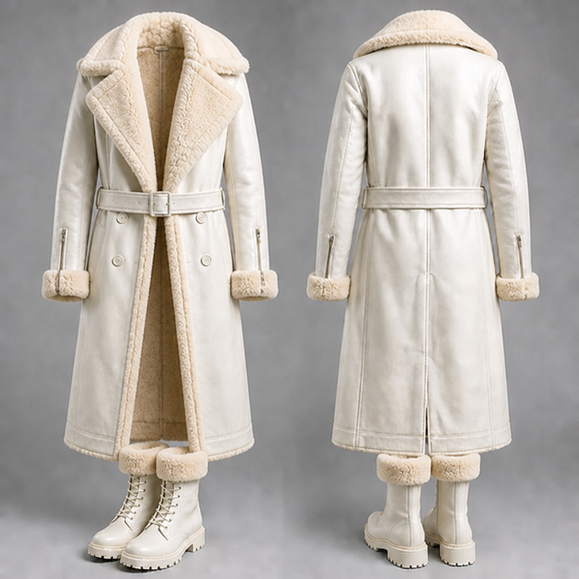 Make the fur thicker inside the coat and collar and cuff
edit the attached fashion design with these instructions: Make the fur thicker inside the coat and collar and cuff. keep it photorealistic, just the design no text