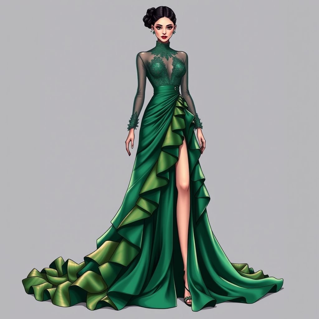How can I cut a particular gown style
Create a floor-length gown with an asymmetrical silhouette featuring a cascading ruffled train. Incorporate a high neckline with delicate lace detailing and sheer long sleeves. Use a rich emerald green silk, juxtaposed with metallic bronze accents. Add a daring thigh-high slit for a modern twist, merging elegance with bold allure.