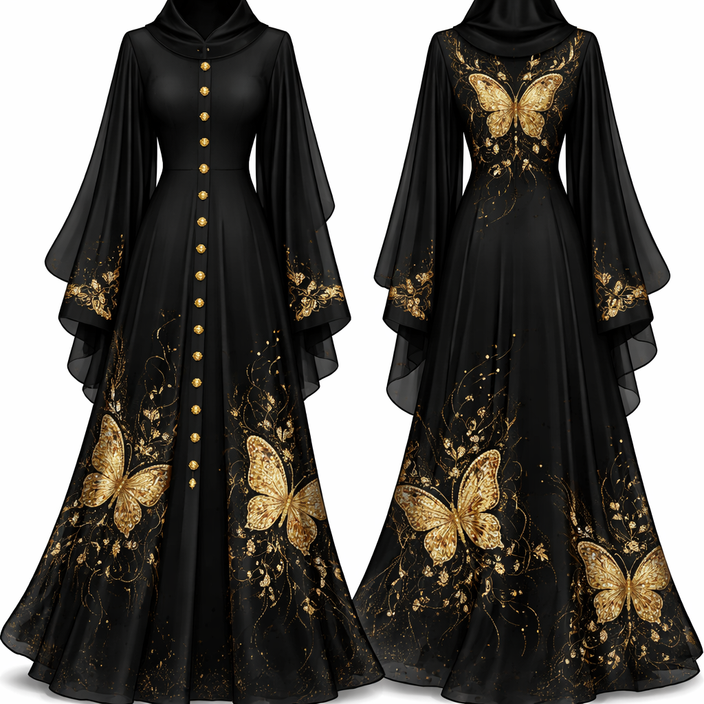 don’t draw the face and the drawing should not be human but fashion design so the texture and look should be of that of an Abaya for Muslim girls black in color make sure it’s long sleeved and make it have golden buttons from the middle till down it’s long as well and make it have big gold butterfly patterns on it with shiny gold on it as well
don’t draw the face and the drawing should not be human but fashion design so the texture and look should be of that of an Abaya for Muslim girls black in color make sure it’s long sleeved and make it have golden buttons from the middle till down it’s long as well and make it have big gold butterfly patterns on it with shiny gold on it as well, show front and back