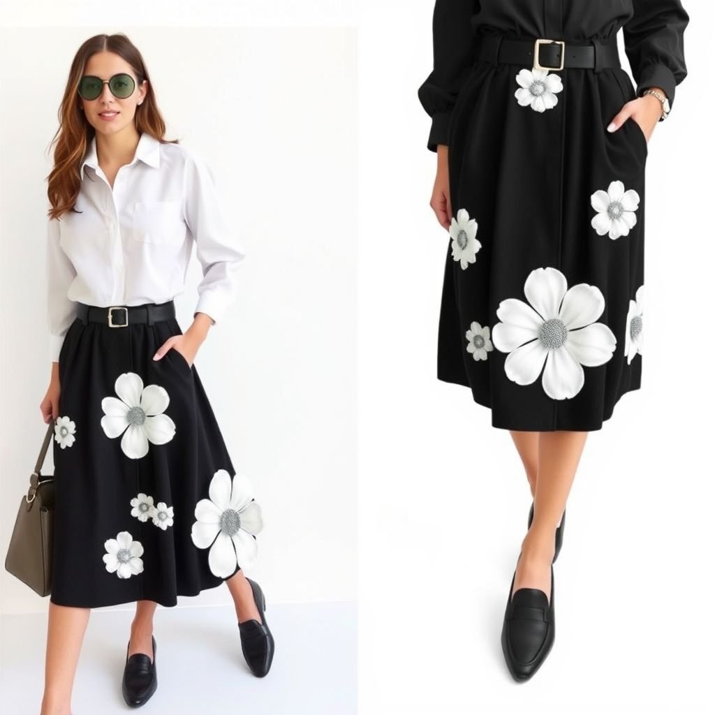 Create me a midi, black bubbled skirt, with big White flowers popping out on it. with belt buckles on it.
Design a chic preppy-inspired black midi bubbled skirt, adorned with oversized white floral appliqués that burst with charm. Incorporate sleek, polished belt buckles along the waist for a touch of sophistication. Pair this playful yet refined silhouette with a crisp white collared blouse and statement loafers for a quintessential preppy look.
