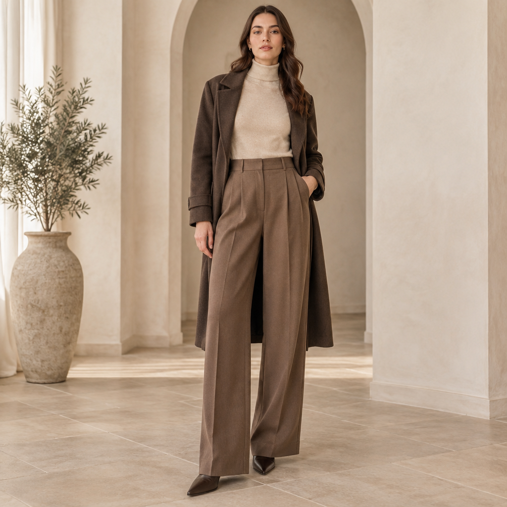 A Female Pants design, with a soft, cosy hand, with a Relaxed silhouette, in an Earth Tones color palette, for Work, suitable for Winter, suited to a Temperate climate, in Classic style, shown on a model with light skin and a tall figure. Algeria fashion aesthetics. Present it as professional fashion catalogue photography: the garment is the subject, shown full-length with editorial styling, neutral posing and tasteful, non-suggestive framing.
photorealistic fashion design, A Female Pants design, with a soft, cosy hand, with a Relaxed silhouette, in an Earth Tones color palette, for Work, suitable for Winter, suited to a Temperate climate, in Classic style, shown on a model with light skin and a tall figure. Algeria fashion aesthetics. Present it as professional fashion catalogue photography: the garment is the subject, shown full-length with editorial styling, neutral posing and tasteful, non-suggestive framing., classic style, just the design no text
