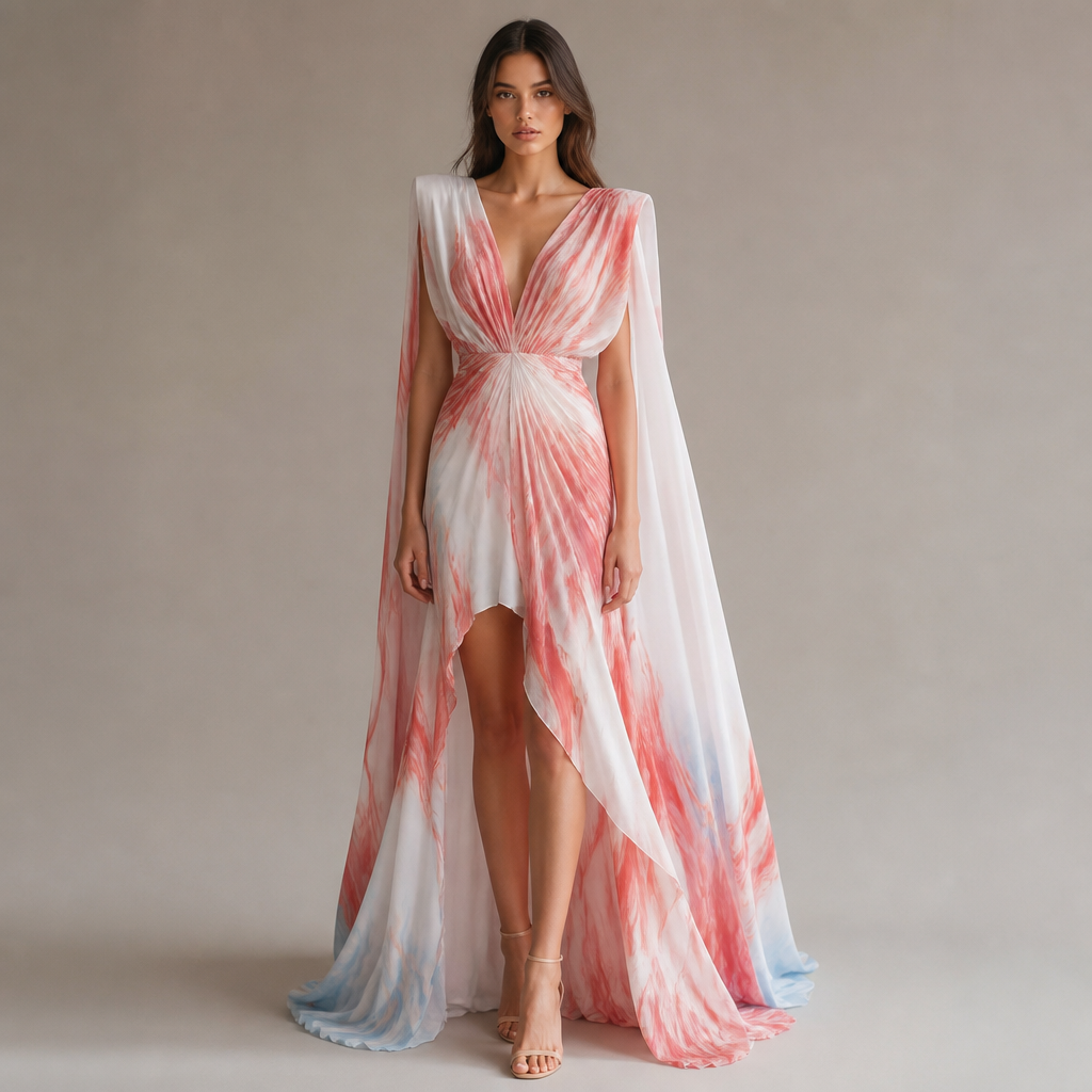 A Female Dress design, with a light, flowing drape, suitable for Summer. فستان يكون طويل عريض من كتفين إلى بداية خصر و ضيق حتى بداية فخذ ثم عريض حتى أقدام طويل من خلف وقصير حتى تحت ركبة من أمام لونه ينحدر بين أبيض وأحمر آجوري يمتلك تموجات ريحية لألوان Present it as professional fashion catalogue photography: the garment is the subject, shown full-length with editorial styling, neutral posing and tasteful, non-suggestive framing.
photorealistic fashion design, A Female Dress design, with a light, flowing drape, suitable for Summer. فستان يكون طويل عريض من كتفين إلى بداية خصر و ضيق حتى بداية فخذ ثم عريض حتى أقدام طويل من خلف وقصير حتى تحت ركبة من أمام لونه ينحدر بين أبيض وأحمر آجوري يمتلك تموجات ريحية لألوان Present it as professional fashion catalogue photography: the garment is the subject, shown full-length with editorial styling, neutral posing and tasteful, non-suggestive framing., just the design no text