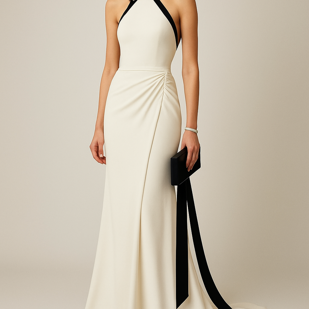 A floor-length evening gown in off-white ivory color with a sleek, fitted bodice. The dress features a high halter neckline in black contrasting fabric and a draped, ruched detail at the hips that cascades into a flowing skirt. The back has black crisscross straps forming an X-shape and a long black bow with two long tails hanging down to the skirt. The dress has a minimalist, elegant, vintage-inspired style, paired with a black clutch bag and silver bracelets.
A floor-length evening gown in off-white ivory color with a sleek, fitted bodice. The dress features a high halter neckline in black contrasting fabric and a draped, ruched detail at the hips that cascades into a flowing skirt. The back has black crisscross straps forming an X-shape and a long black bow with two long tails hanging down to the skirt. The dress has a minimalist, elegant, vintage-inspired style, paired with a black clutch bag and silver bracelets.