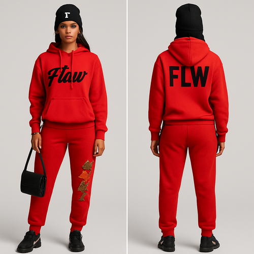 Red jogging suit hoodie with bold words Flaw in abbreviation on it in Black in cursive braids gold hoop earrings and gold bracelet flowers one sleeve and pants Black cross body purse and black nike shoes a black beanie saying F