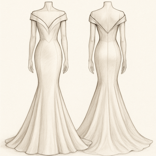 V-neck evening dress with a tail and off-the-shoulder mermaid cut with shape in the middle