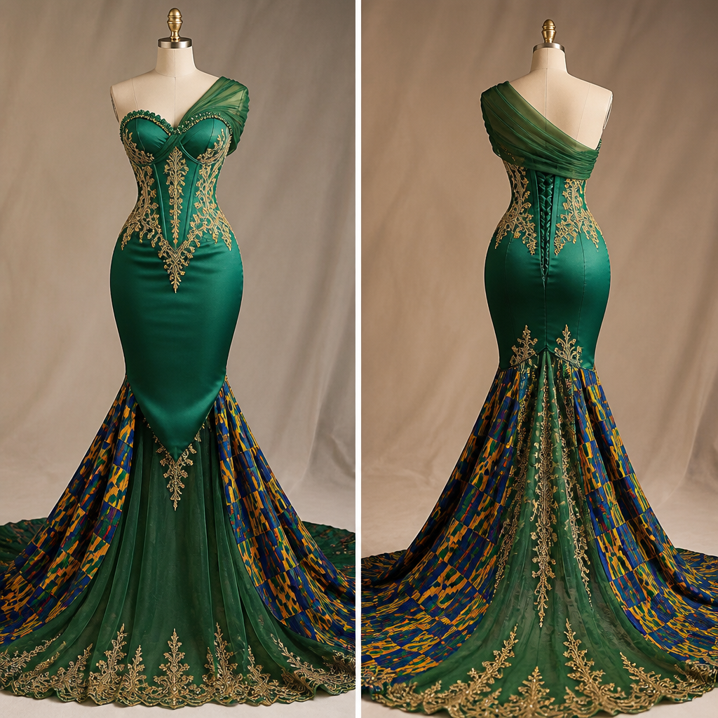 Green with satin from the bust to the knees . Corset design at the top.
Sweetheart neckline with two layers of green beadings along the neckline.
More blue than mustard yellow with minimal green and minimal red Nkrumah kente for a long trail from the waist down the floor. Trail should start from the knees. Gold embroidery on the bodice
Bottom layer of green chiffon with gold embroidery at the ends for second layer of trail from knees down.
Chiffon from the right bust across the chest left shoulder.
photorealistic fashion design, Green with satin from the bust to the knees . Corset design at the top.
Sweetheart neckline with two layers of green beadings along the neckline.
More blue than mustard yellow with minimal green and minimal red Nkrumah kente for a long trail from the waist down the floor. Trail should start from the knees. Gold embroidery on the bodice
Bottom layer of green chiffon with gold embroidery at the ends for second layer of trail from knees down.
Chiffon from the right bust across the chest left shoulder.
, classic style, just the design no text, show front and back