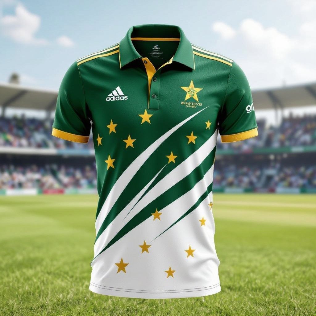 A cricket jersey of pakistan wild gold stars and strips of adidas
Sporty fashion: A cricket jersey, green with gold stars, white stripes, Adidas logo, sporty fit.