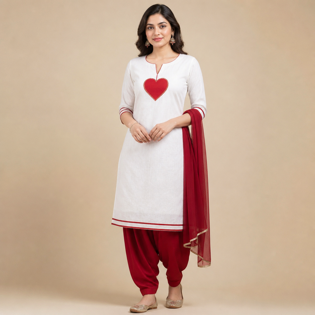 A Female Dress design, suitable for Summer, in Formal style. white kurti with red salwar and red heart on kuurti. India fashion aesthetics.
photorealistic fashion design, A Female Dress design, suitable for Summer, in Formal style. white kurti with red salwar and red heart on kuurti. India fashion aesthetics., formal style, just the design no text