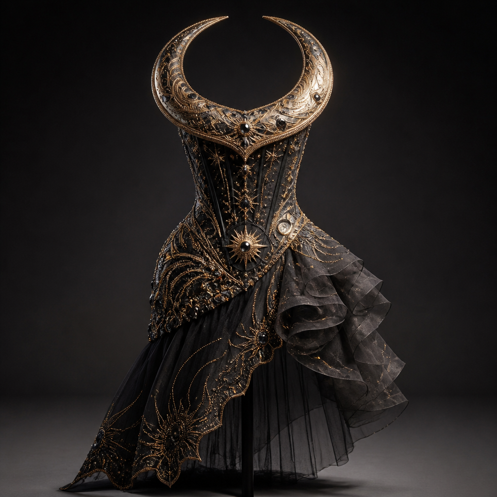 A visionary couture mini dress that embodies the signature identity of Henri Vallon. Featuring a sculptural crescent-moon collar, the design frames the neckline with architectural elegance. The fitted corset is lavishly adorned with black diamond crystals and antique gold embellishments arranged in celestial patterns. The asymmetrical skirt is composed of layered silk organza and sheer tulle that cascade gracefully around the body. Metallic embroidery inspired by solar flares illuminates the edges of the garment, while the open-back design adds modern sensuality. This exclusive creation merges French haute couture, celestial symbolism, and futuristic luxury into a truly unforgettable masterpiece.
photorealistic fashion design, A visionary couture mini dress that embodies the signature identity of Henri Vallon. Featuring a sculptural crescent-moon collar, the design frames the neckline with architectural elegance. The fitted corset is lavishly adorned with black diamond crystals and antique gold embellishments arranged in celestial patterns. The asymmetrical skirt is composed of layered silk organza and sheer tulle that cascade gracefully around the body. Metallic embroidery inspired by solar flares illuminates the edges of the garment, while the open-back design adds modern sensuality. This exclusive creation merges French haute couture, celestial symbolism, and futuristic luxury into a truly unforgettable masterpiece., just the design no text