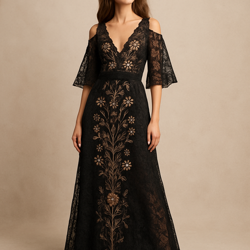 Black lace long fitted at the waist putty Shoulder w/ nude Linning embraldary with simmers