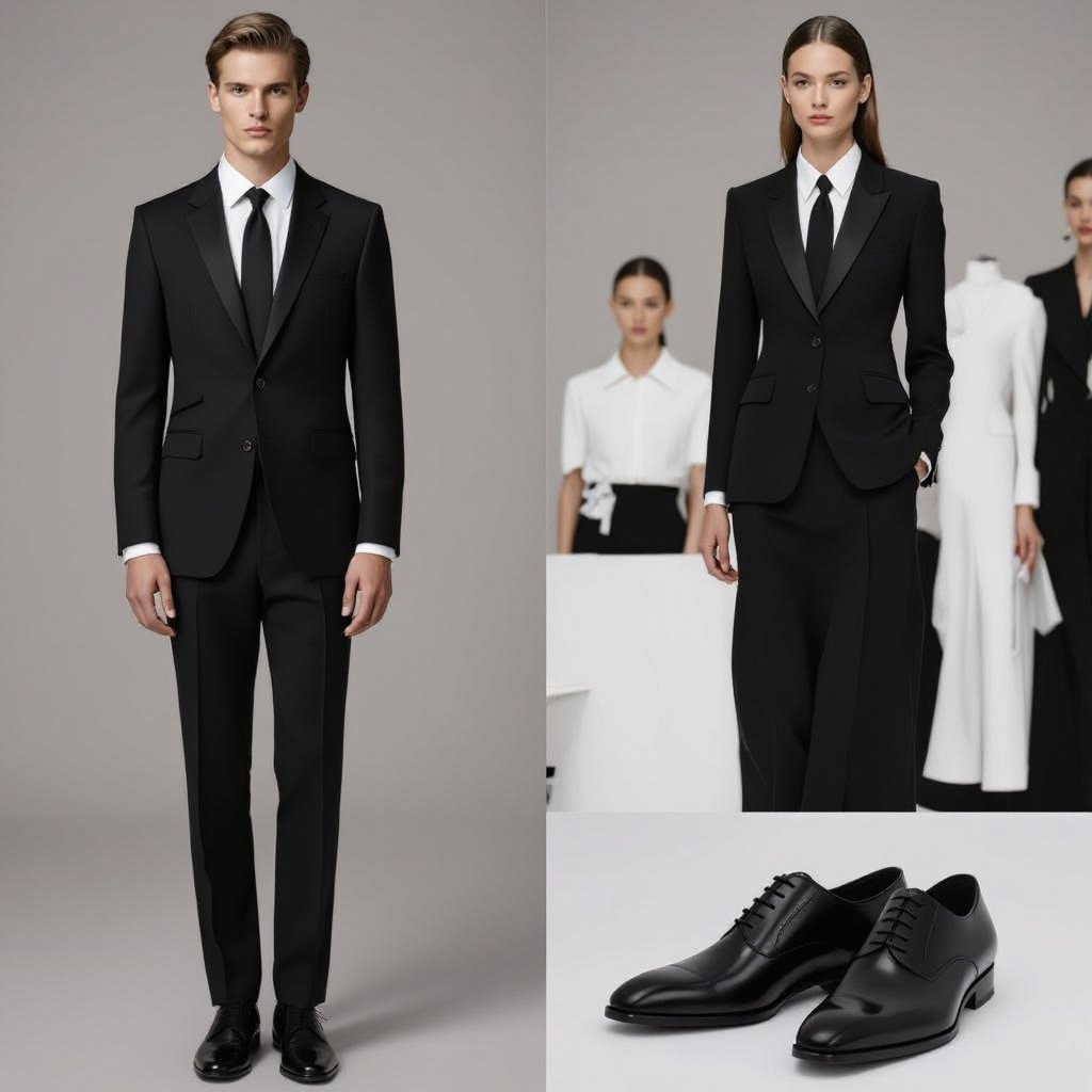 Willo
Formal fashion: Willo. Black wool suit, structured fit. White cotton shirt, pointed collar. Black silk tie, narrow knot. Black leather dress shoes.