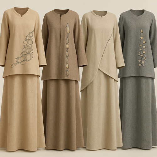 Create a modest two-piece linen abaya, the first of its kind, featuring a unique stone design that exudes a classy and sophisticated vibe. I'd like four designs, each showcasing different styles and fabrics. Incorporate high-end, unique chic stone designs to make them truly special. Add little sophisticated stone designs.