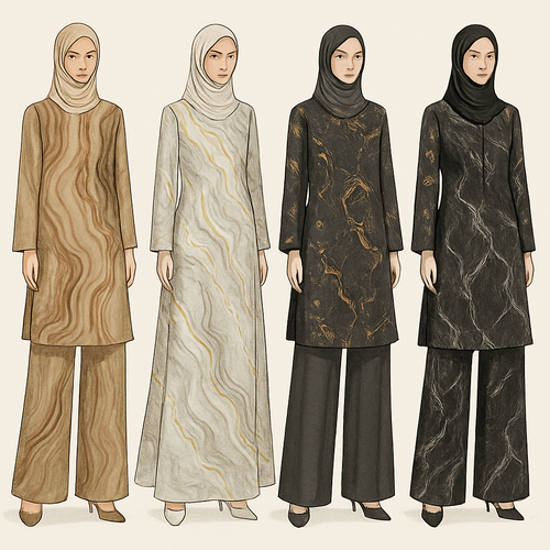 Create a modest two piece loose pant and long dress , first of its kind, featuring a unique stone design that exudes a classy and sophisticated vibe. I'd like four designs, each showcasing different styles and fabrics. Incorporate high-end, unique chic stone designs to make them truly special. Add little sophisticated stone designs. Make it irresistible!