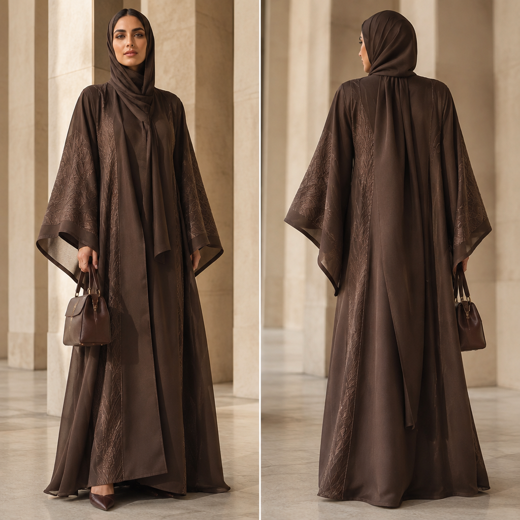 A Female Dress design, suitable for Fall. Consider UAE/Gulf fashion — luxury modest wear, designer abayas, kandura-inspired, cosmopolitan haute couture. Current season is Autumn in UAE. Present it as professional fashion catalogue photography: the garment is the subject, shown full-length with editorial styling, neutral posing and tasteful, non-suggestive framing.
photorealistic fashion design, A Female Dress design, suitable for Fall. Consider UAE/Gulf fashion — luxury modest wear, designer abayas, kandura-inspired, cosmopolitan haute couture. Current season is Autumn in UAE. Present it as professional fashion catalogue photography: the garment is the subject, shown full-length with editorial styling, neutral posing and tasteful, non-suggestive framing., just the design no text