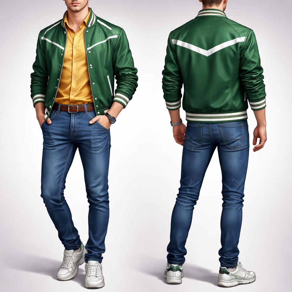 Green jacket, gold colored dress shirt, blue pants
Green jacket, gold colored dress shirt, blue pants
, sporty style, show front and back