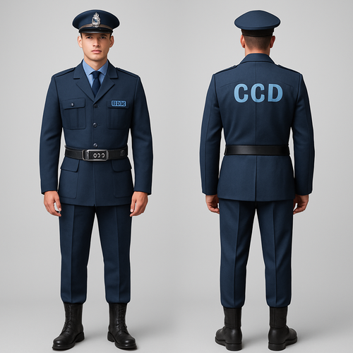 Uniform of a newly created wing of police that deals with serious and organised crime and investigations. Instead of police it should have the words CCD. It consists of trouser and coat. The headgear is a smart p cap.  The colour scheme is bluish. The boots are leather. The belt should not be too thin and its buckle can be steel plate with CCD written on it. 