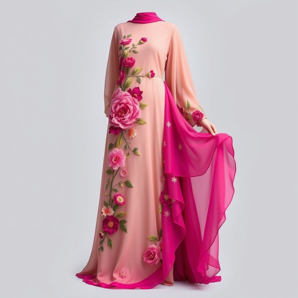 Elegant abaya with floral embroidery from the right side towards the left at the waist
Design an exquisite abaya, flowing with a luxurious, layered silhouette that gently cascades to the floor. The rich fabric features vibrant floral embroidery that begins at the right waist, sprawling gracefully across the left side, combining silk organza and chiffon. Accentuated by subtle pearl detailing, this piece exudes refined elegance and feminine charm.